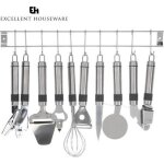 Set de 8 ustensiles de cuisine en acier inoxydable avec support mural