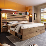 Seyakany - lit double 180x200 cm finition ch�ne - downlights + ports usb / type - c, chevet flottant, ...