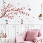 Shining house - stickers muraux fleurs de cerisier rose autocollant mural floral branche arbre oiseaux ...
