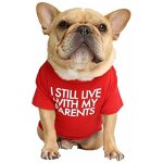 T - shirt pour chien avec la phrase: je vis toujours chez mes parents (rouge, l)