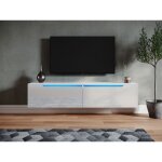 Sirhona - tableau tv avec clairage led suspendu blanc brillant 160 cm moderne 2 abattants