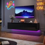 Sirhona - tableau tv avec clairage led suspendu noir brillant 140 cm moderne 2 abattants