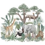 Sollbry - autocollants muraux animaux de la jungle de dessin anim�, �l�phant girafe panda l�opard plantes ...