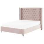 Sommier � lattes double 160 x 200 cm en velours rose t�te de lit chesterfield lubbon