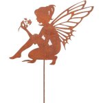 Statuette de f�e en m�tal rouill�, piquet jardin, figurine d�corative, elfe assis sur b�ton, 29x24cm ...