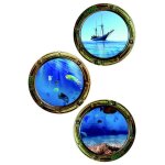 Sticker 3 hublots avec vue sur bateau et sous marine - 1 planche 42, 5 x 65 cm