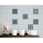 Sticker carrelage adh�sif d�coratif lessivable x4, 15 cm x 15 cm, baroque vert canard, carreaux de ciment ...