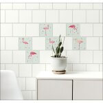 Sticker carrelage adhésif décoratif x6, 15 cm x 15 cm, autocollant flamants roses sur tons verts très ... Sticker carrelage adhésif décoratif x6, 15 cm x 15 cm, autocollant flamants roses sur tons verts très ...