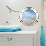 Sticker d�coratif 3d hublot trompe l'oeil, 68x48cm, vu sur le bord de mer avec phare blanc pour fen�tre. ...