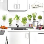 Sticker d�coratif, 7 pots blancs d'herbes aromatiques pancarte, dans le jardin en anglais, 68 cm x 48 ...