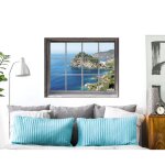 Plage - sticker d�coratif, trompe l'oeil fen�tre avec vue sur paysage mer du sud, 68 cm x 48 cm