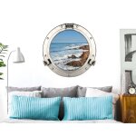 Sticker fen�tre 3d 60x75cm, d�co magnifique trompe l'oeil, mer agit�e avec vue rochers et vague, sublime ...