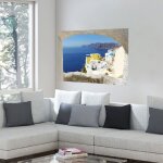 Sticker fen�tre 3d trompe l'oeil santorin, maisons blanches cube, 68x48cm