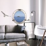 Sticker fen�tre hublot 3d, d�co murale trompe l'oeil, vue mer & �le, 68x48cm - d�corez votre maison