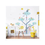 Sticker geant arbre et animaux de la jungle avec girafe, lphant, lion, singe, et oiseaux 152cm