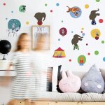 Sticker mural autocollant 48 cm x 68 cm - monde du cirque imaginaire des animaux avec souris et �l�phant ...