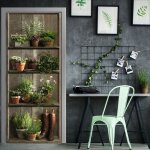 Sticker mural d�coratif 175 cm x 60 cm pour porte, photo rustique avec pot de fleurs et bottes anciennes, ...