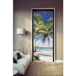 Plage - sticker mural décoratif pour porte, paillote avec les palmiers, sable blanc, bord de mer, Île, ... Plage - sticker mural décoratif pour porte, paillote avec les palmiers, sable blanc, bord de mer, Île, ...