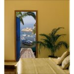 Sticker mural d�coratif pour porte, trompe l'oeil porte en fer bleu, vue sur la mer avec ponton, p�che ...