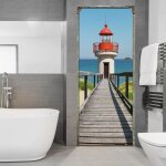 Plage - sticker mural dcoratif pour porte, trompe l'oeil ponton et phare, vue sur mer, 204 cm x 83 cm ...