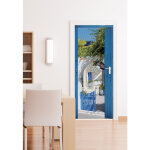 Plage - sticker porte trompe l'oeil bois bleu 204 cm x 83 cm - d�coration cour maison style grec