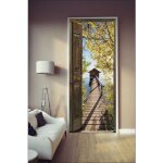 Plage - sticker porte, trompe l'oeil porte en bois ouverte vue d'automne, 204 cm x 73 cm