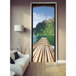 Plage - sticker porte trompe l'oeil ponton en bois 204x83cm, d�co porte ouverte, rochers verts, d�coration ...