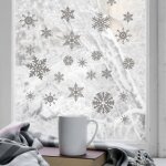 Plage - sticker vitre no�l 21x29, 7cm - �toiles et flocons argent�s - autocollant electrostatique