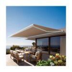 Store banne coffre int�gral protect 2 blanc 5x3, 5m motoris� � t�l�commande - toile taupe