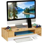 Relaxdays - support moniteur bambou, rehausseur cran  compartiments, hlp 15, 5x62, 5x28 cm, dessous ...