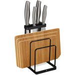 Support planche � d�couper, 2 en 1, m�tal, bloc couteaux, cuisine, non garni, noir - relaxdays