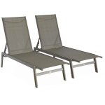 Lot de 2 transats taupe. 5 positions. en textil�ne et m�tal. flora. l155 x p59 x h106cm