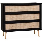 Sweeek - commode en d�cor bois noir et cannage 90x39x79cm - boh�me - 3 tiroirs