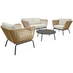 Salon de jardin bas. r�sine tress�e effet corde. coussins beiges 4 places