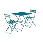 Sweeek - table de jardin bistrot pliante m�tal + 2 assises bleu canard 70 x 70cm, acier thermolaqu�
