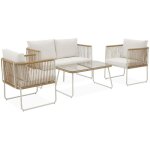 Salon de jardin en corde r�sine plastique et acier galvanis�. table basse en verre tremp�. 4 places