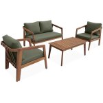 Salon de jardin kaki fonc� 4 places loberia. bois d'acacia dossier avec lani�res effet cuir