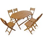 Table de jardin pliable 150cm en bois d'acacia d�j� huil�. forme ovale avec 6 chaises pliables