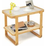 Costway - table d'appoint avec �tag�re en rotin pe, bout de canap� en bambou avec plateau en verre tremp�, ...