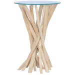 Table d'appoint ronde verre et pieds teck massif clair nieng