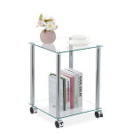 Relaxdays - table d'appoint avec roulettes, 2 supports, carre, salon, verre er acier, table basse, transparen ...