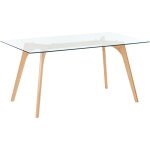 Table basse 160 x 90 cm avec plateau en verre et pieds en bois clair moderne hudson