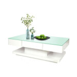 Table basse avec 2 tiroirs, surfaces en verre trempé, 100x60x35cm, blanc Table basse avec 2 tiroirs, surfaces en verre trempé, 100x60x35cm, blanc