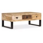 Table basse 3 tiroirs manguier massif clair et mtal noir maneci
