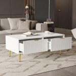 Redom - table basse blanche moderne avec des accents dorés, 2 tiroirs, design à rayures verticales, mdf, ... Redom - table basse blanche moderne avec des accents dorés, 2 tiroirs, design à rayures verticales, mdf, ...