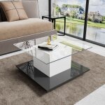 Table basse carr�e blanche et noire, plateau en verre brillant, table de salon mobile avec roulettes ...