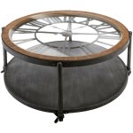 Atmosphera ? table basse fixe ronde 89, 5cm ? structure en fer ? plateau en mdf et verre tremp� ? 2 tiroirs ...