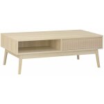 Sweeek - table basse couleur naturelle. linear. d�cor bois rainur�. pieds compas. 2 niches. 1 tiroir. ...