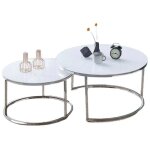 Lot de 2 tables basses gigogne arto inox et plateau en verre marbre blanc