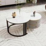 Wishdor - table basse gigogne ronde 2 en 1 avec plateau brillant et 1 plateau en marbre blanc, 2 tiroirs, ... Wishdor - table basse gigogne ronde 2 en 1 avec plateau brillant et 1 plateau en marbre blanc, 2 tiroirs, ...